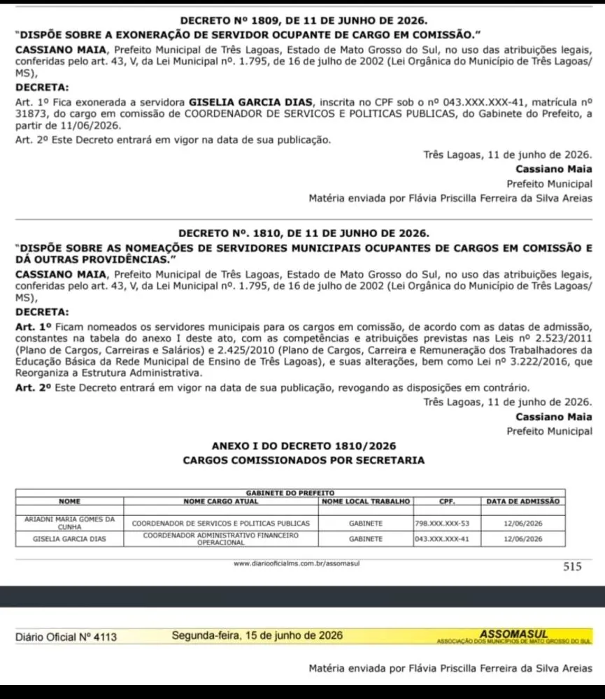 Exonera e recontrata: A estranha rotina da Prefeitura de Três Lagoas 